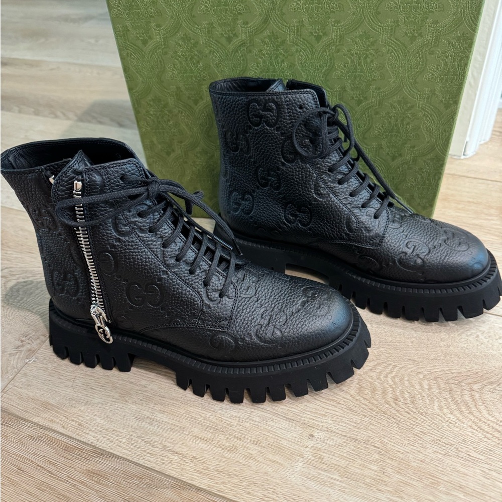 Gucci Black Leather Combat Boots